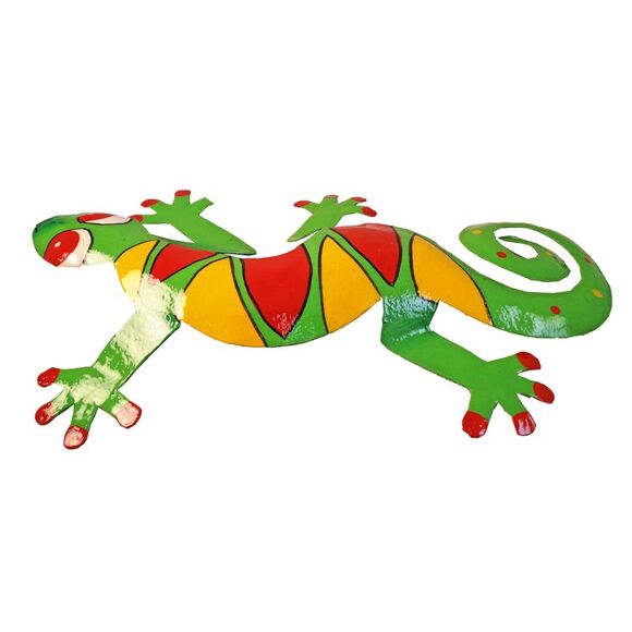 Hand Crafted Tropical Rainforest Gecko Decor Haitian Metal Art Yellow Pattern - Picture 2 of 5